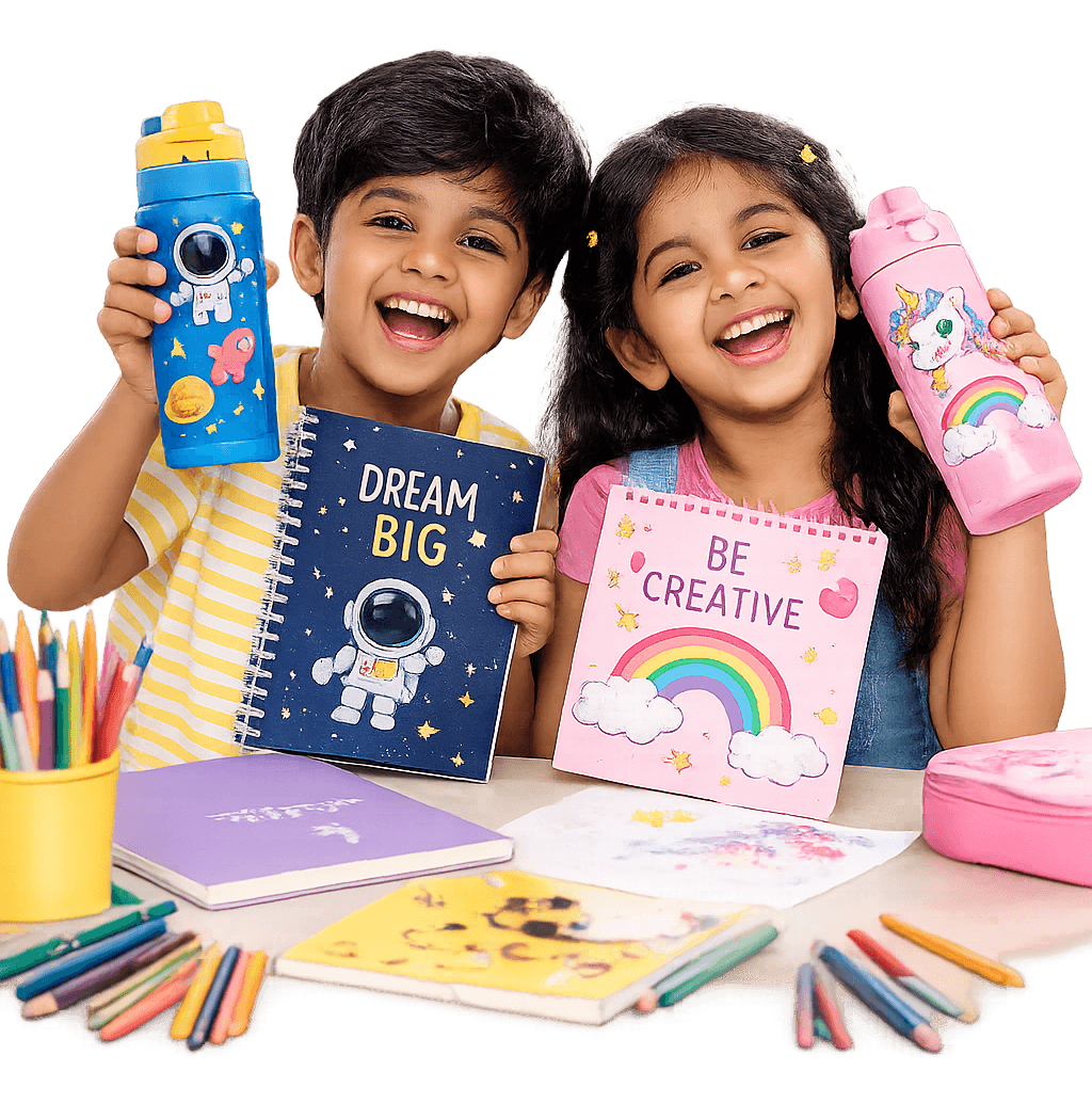 Kids joyfully showing off their Girnar Gifts hampers